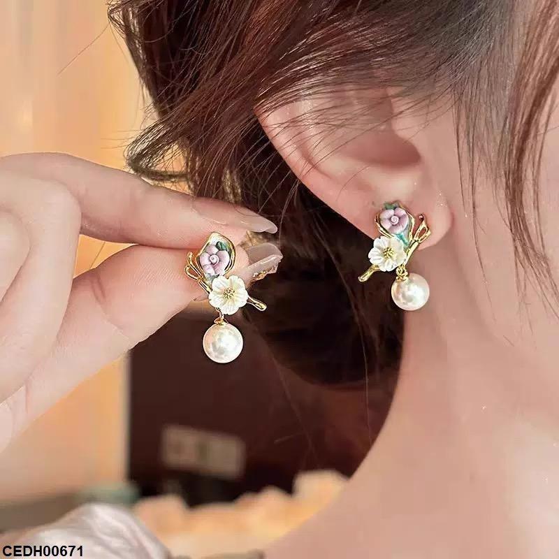 CEDH00671 ZHL Flower Pearl Drop Earrings - CEDH