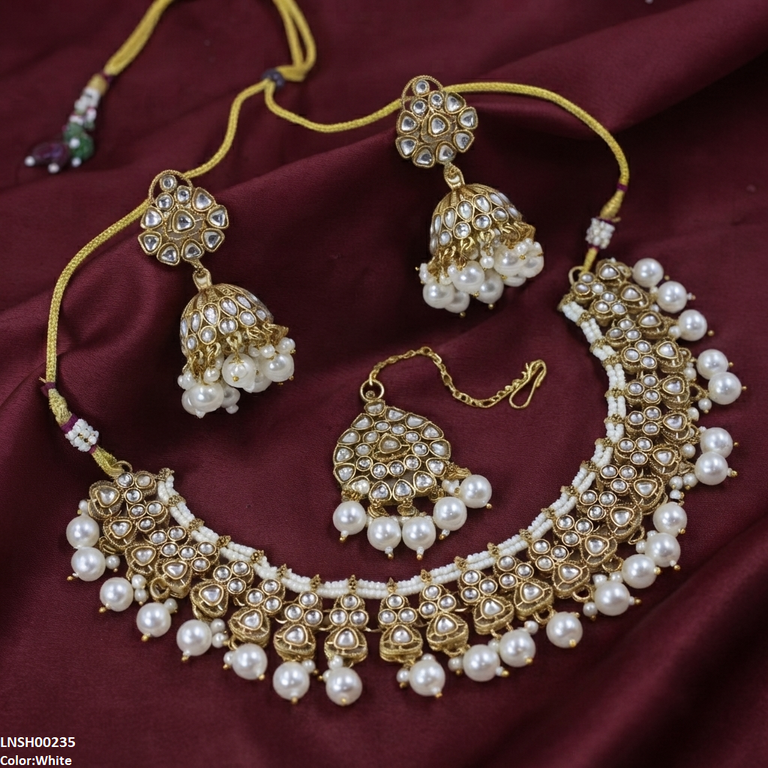 LNSH00235 ANI Round Flower Pearl Drop Rajwari Necklace Set - LNSH