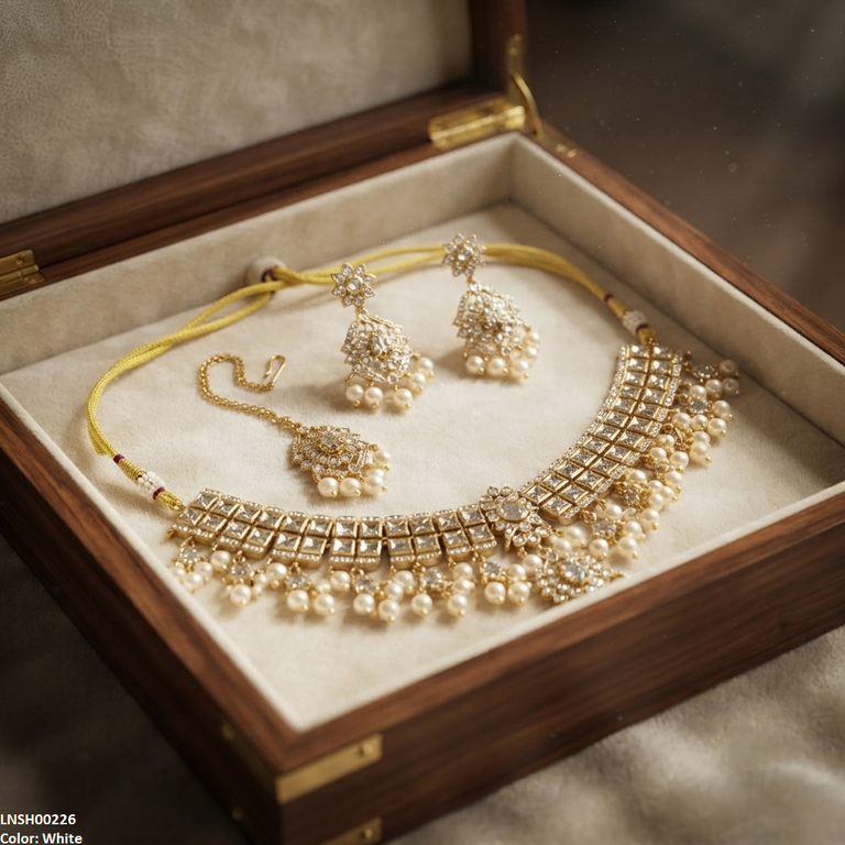 LNSH00226 ANI Flower Square Stone Pearl Drop Rajwari Necklace Set - LNSH