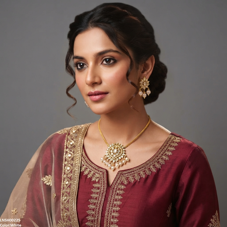 LNSH00225 ANI Flower Pearl Drop Necklace Set - LNSH