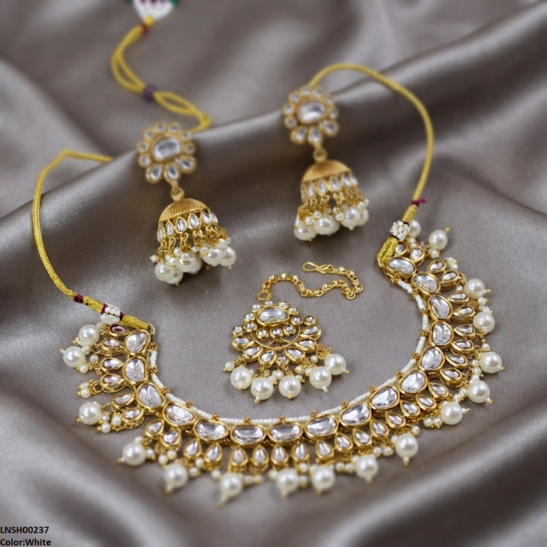 LNSH00237 ANI Oval/Tear Pearl Drop Rajwari Necklace Set - LNSH