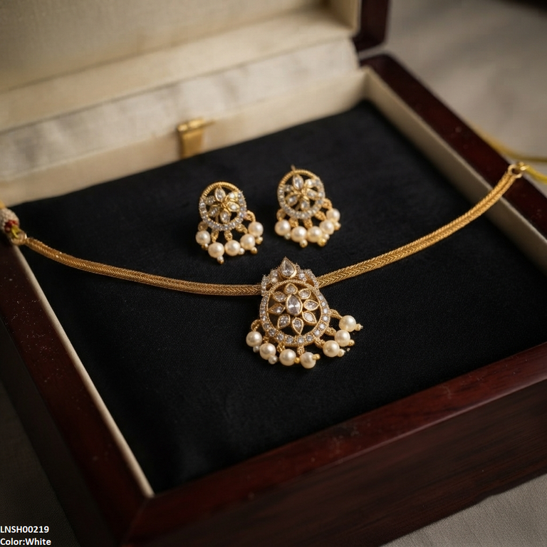 LNSH00219 ANI Tear/Oval Flower Pearl Drop South Indian Necklace Set - LNSH