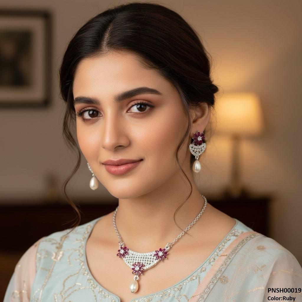 PNSH00019 SDQ Flower Pearl Drop Necklace Set - PNSH