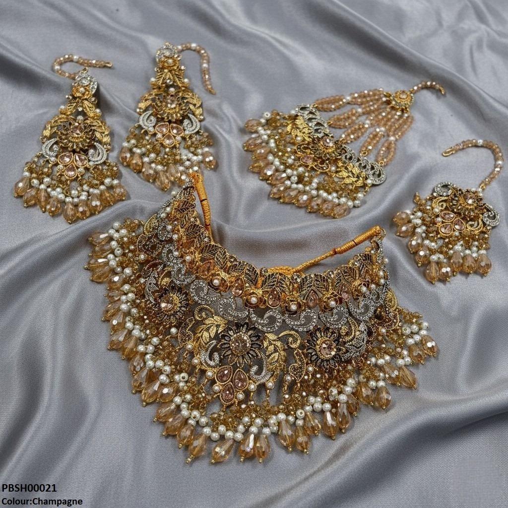 PBSH00021 SDQ Flower Bridal Necklace Set - PBSH