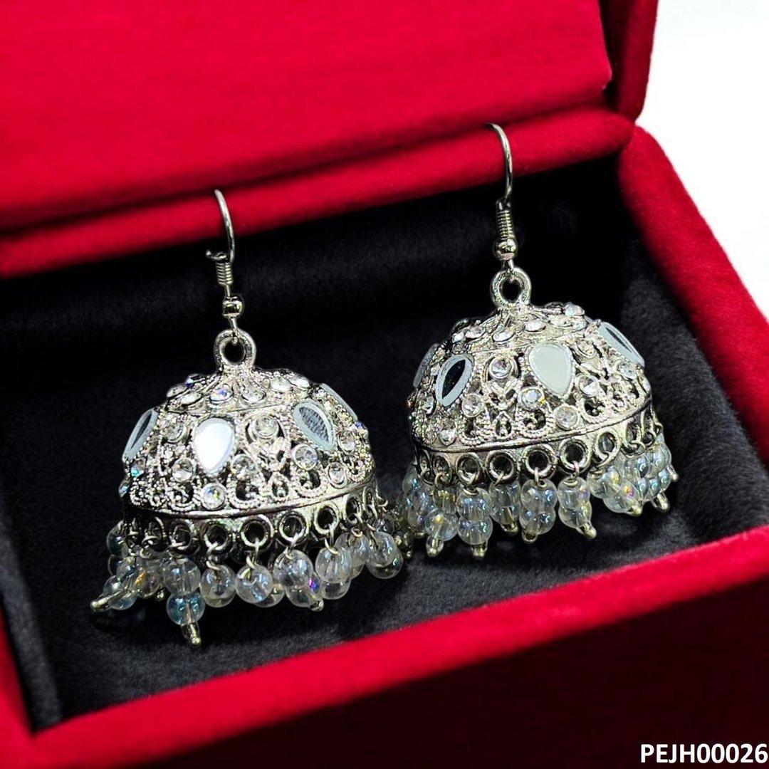 PEJH00026 FRN Tear Round Stone Silver Jhumki - PEJH
