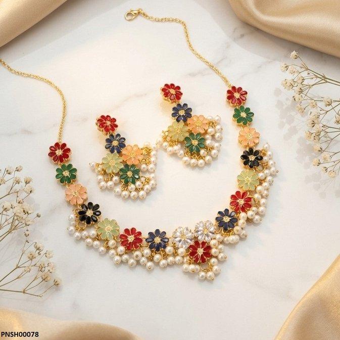PNSH00078 FRN Multi Flower Pearl Drop Necklace Set - PNSH