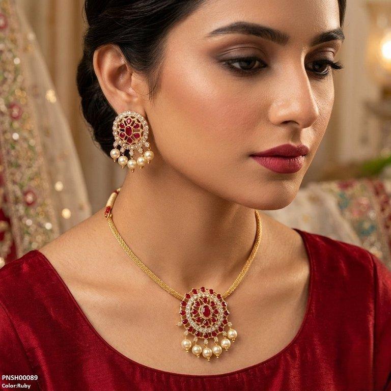 PNSH00089 SDQ Oval Round Pearl Drop Necklace Set - PNSH