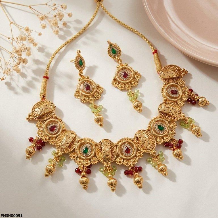 PNSH00091 SDQ Oval Tear Round Drop Necklace Set - PNSH