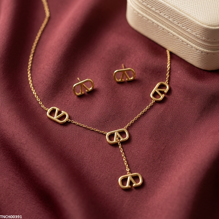 TNCH00391 BHS V Logo Design Stainless Steel Necklace Set - TNCH