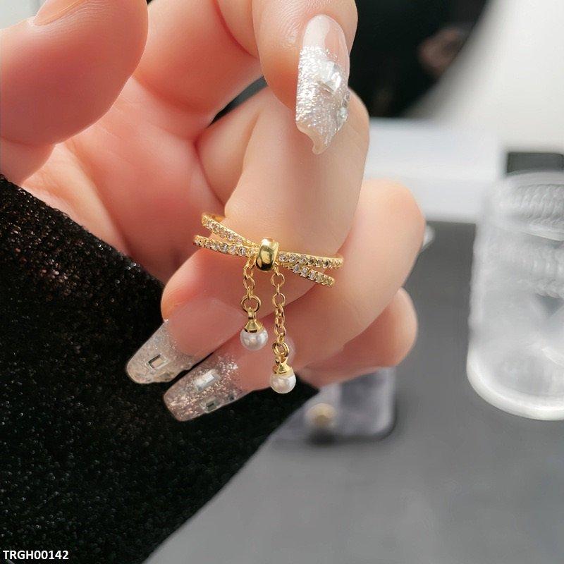TRGH00142 SJS Pearl Chain Drop Cross Ring Adjustable - TRGH