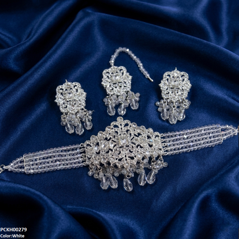 PCKH00279 SDQ Rectangle Flower Pearl Drop Choker Set - PCKH
