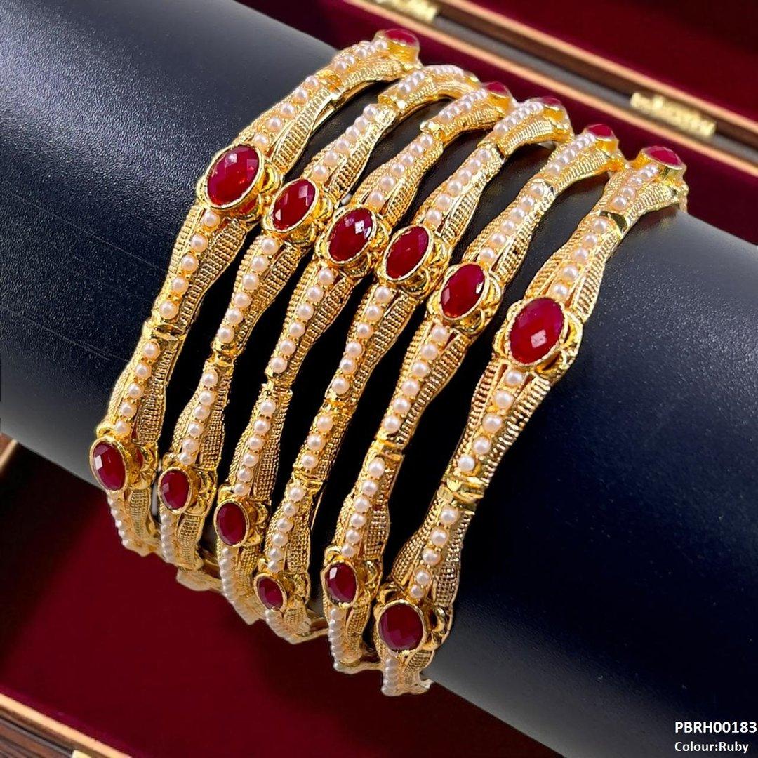 PBRH00183 MZM Oval/Pearl Bangles 6 Pcs Set - PBRH