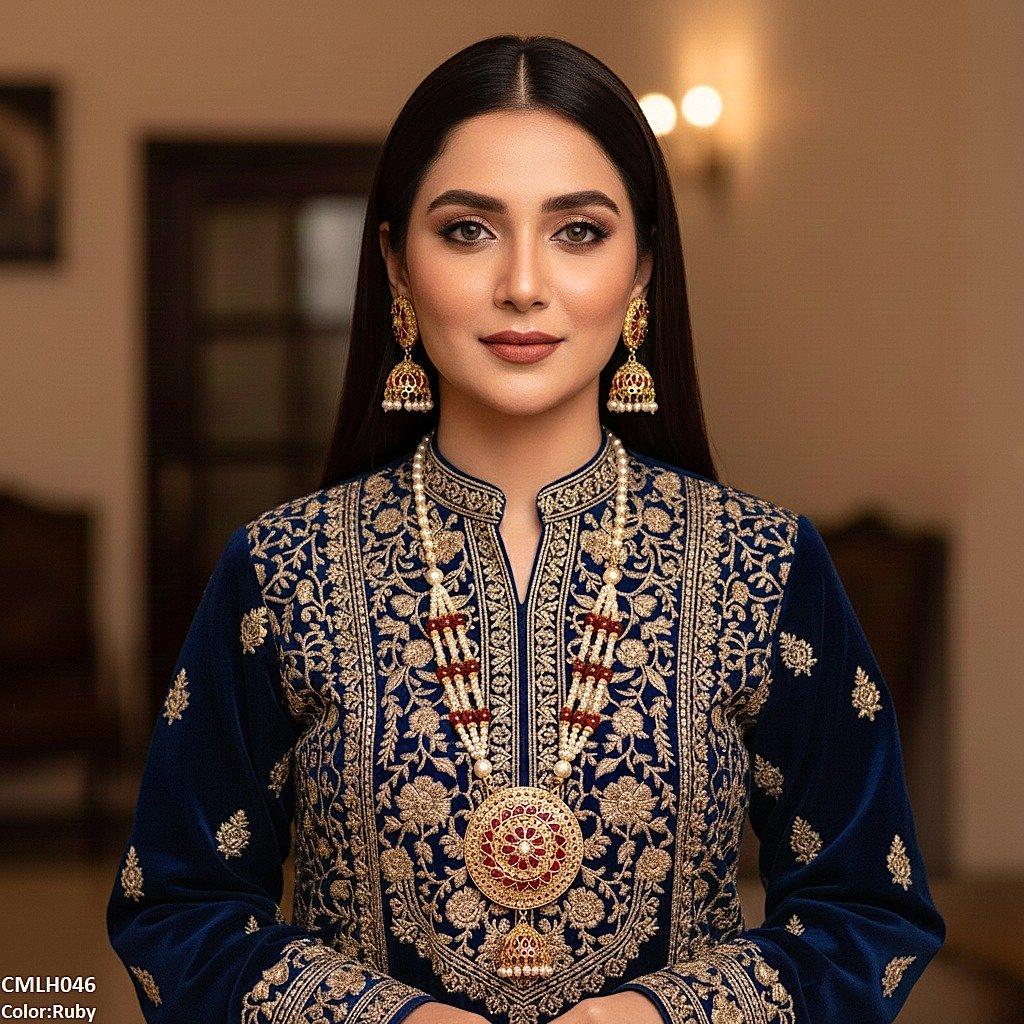 CMLH046 SDQ Cut Jhumki Drop Pearl Mala