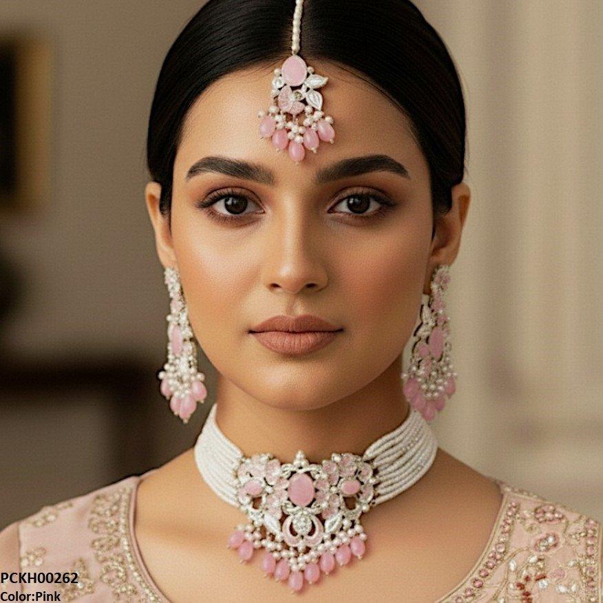 PCKH00262 SDQ Oval/Flower Pearl Drop Choker Set - PCKH