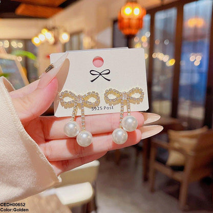 CEDH00652 DDJ Bow Pearl Drop Earrings - CEDH