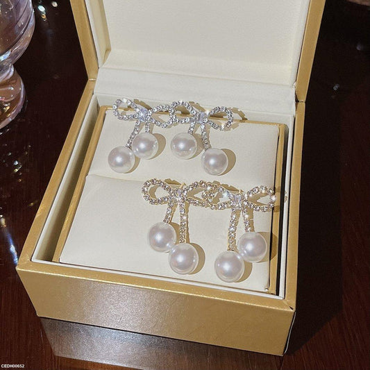 CEDH00652 DDJ Bow Pearl Drop Earrings - CEDH