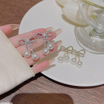 CEDH00652 DDJ Bow Pearl Drop Earrings - CEDH