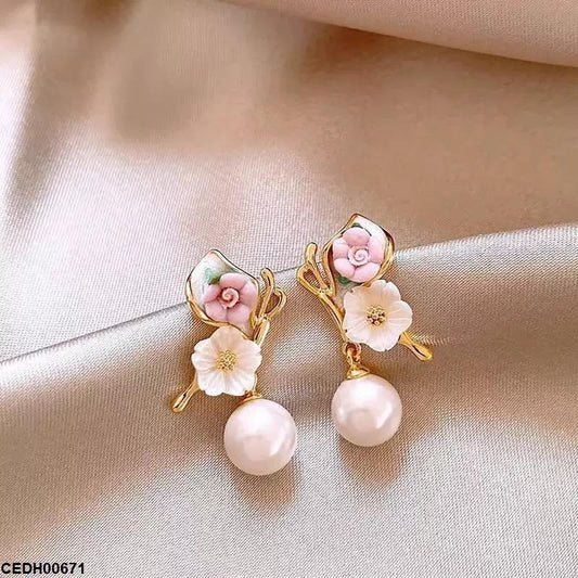 CEDH00671 ZHL Flower Pearl Drop Earrings  - CEDH
