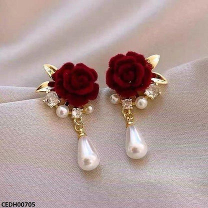 CEDH00705 LSH Rose Flower Pearl Drop Earrings - CEDH