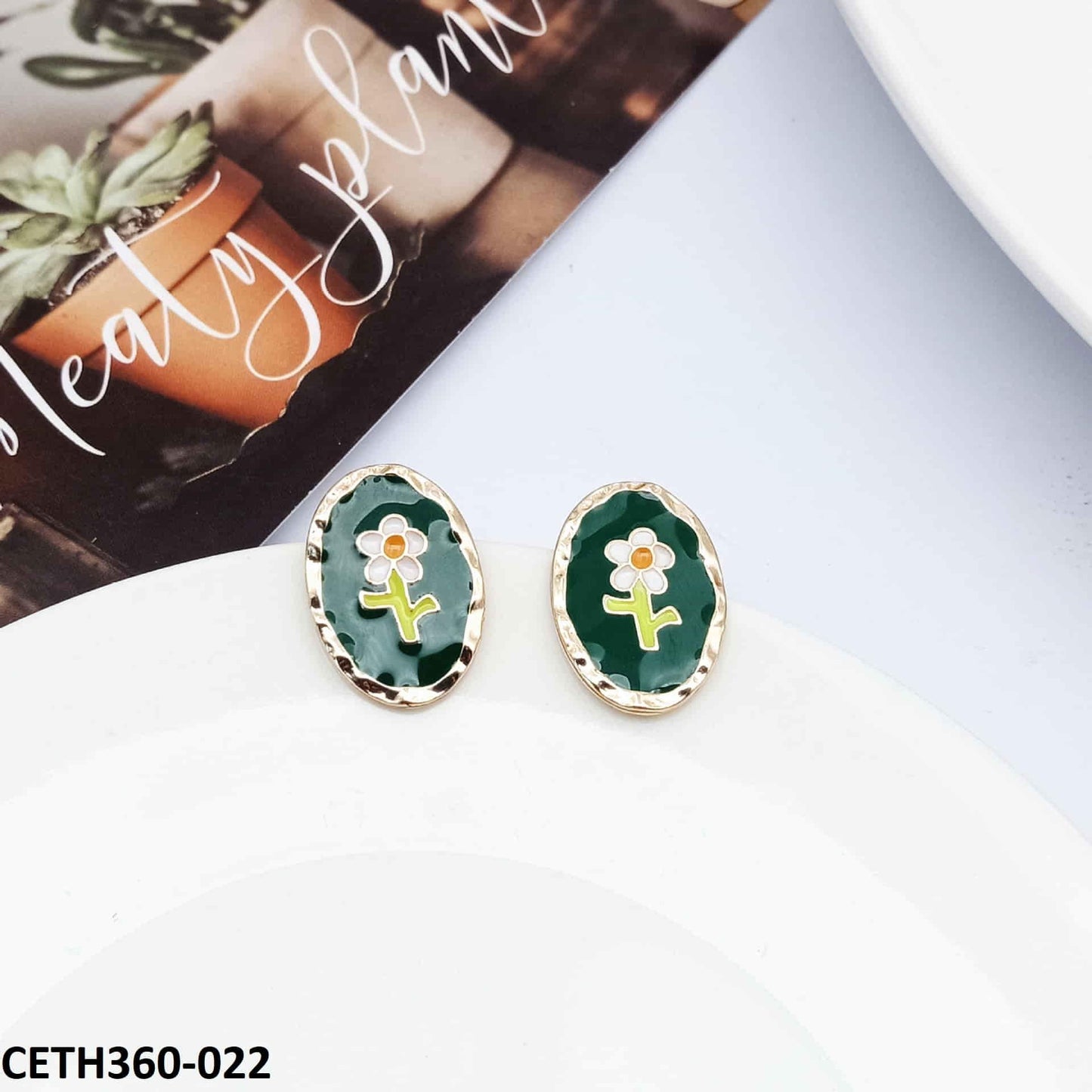 CETH360 AMY Oval Painted Flower Stud Tops Pair