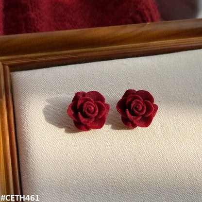 CETH461 ZHL Velvet Red Rose Mini Stud Ear Tops Pair