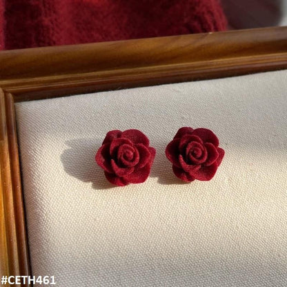 CETH461 ZHL Velvet Red Rose Mini Stud Ear Tops Pair