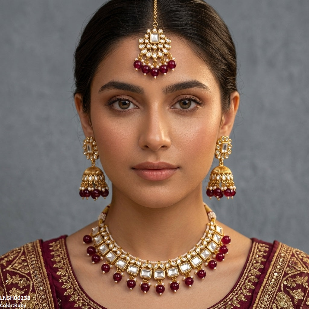LNSH00238 ANI Square Pearl Drop Rajwari Necklace Set - LNSH