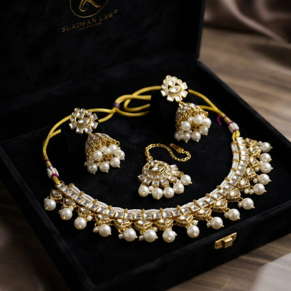 LNSH00232 ANI Square Stone Pearl Drop Rajwari Necklace Set - LNSH