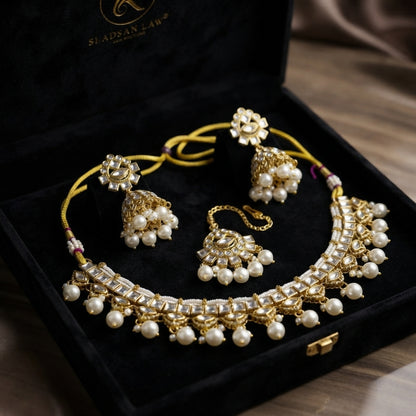 LNSH00232 ANI Square Stone Pearl Drop Rajwari Necklace Set - LNSH
