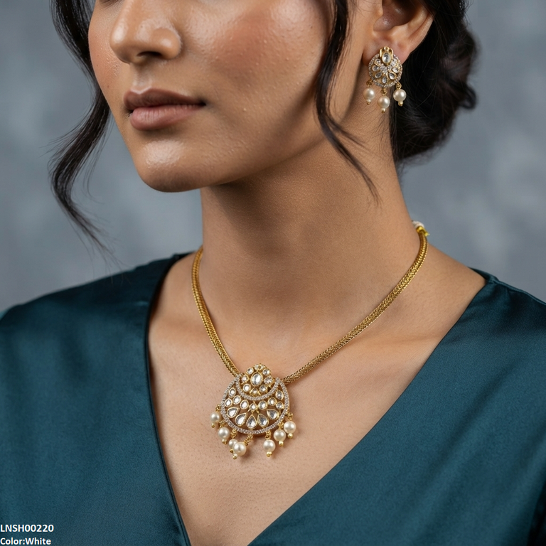 LNSH00220 ANI Moon Flower Pearl Drop Necklace Set - LNSH
