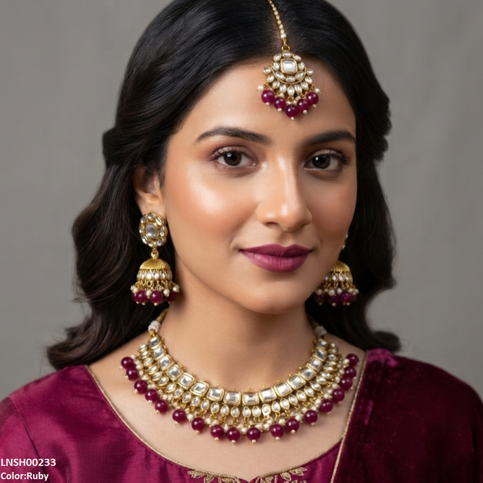 LNSH00233 ANI Square/Oval Stone Pearl Drop Necklace Set - LNSH