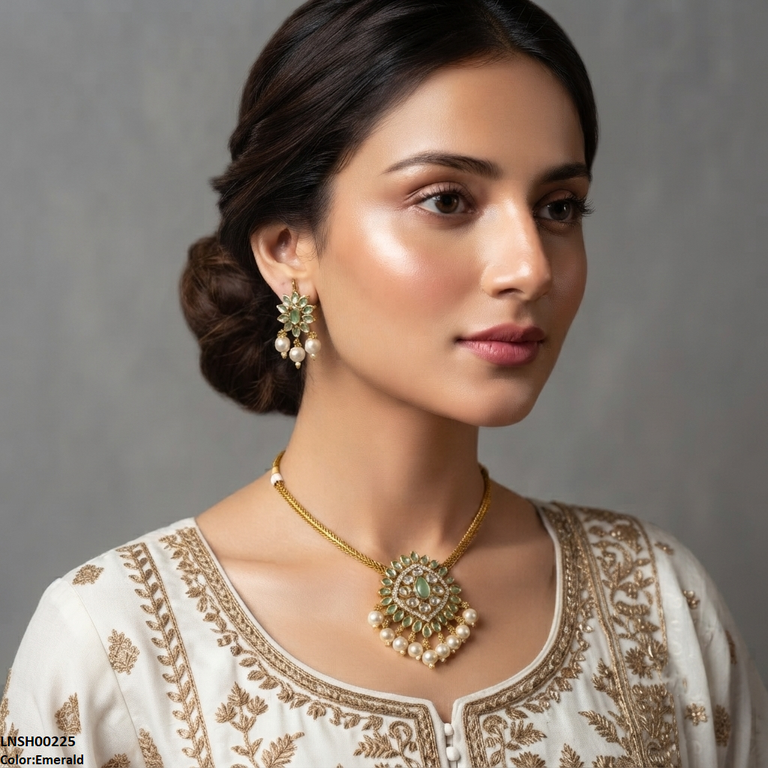 LNSH00225  ANI Flower Pearl Drop Necklace Set - LNSH