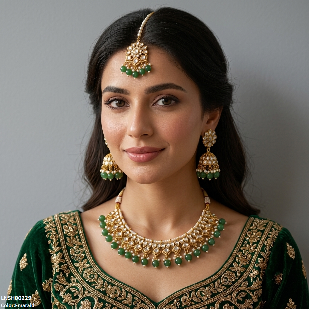LNSH00229 ANI Tear/Square Pearl Drop Rajwari Necklace Set - LNSH
