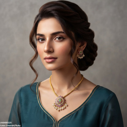 LNSH00225  ANI Flower Pearl Drop Necklace Set - LNSH