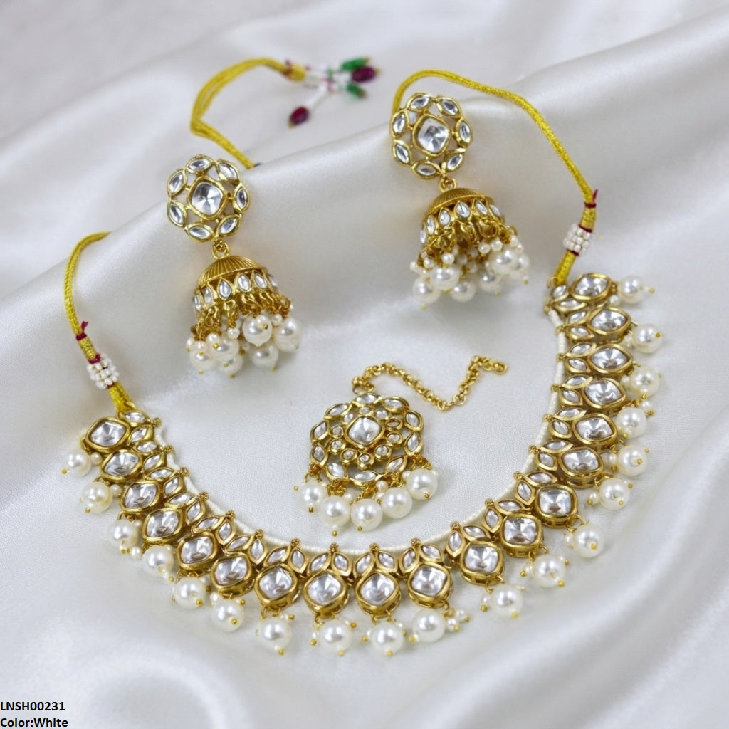 LNSH00231 ANI Marquise/Square Stone Pearl Drop Rajwari Necklace Set - LNSH