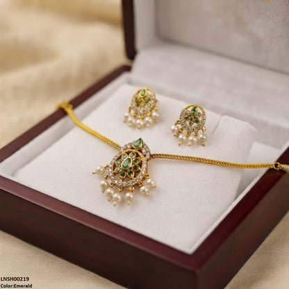 LNSH00219 ANI Tear/Oval Flower Pearl Drop South Indian Necklace Set - LNSH