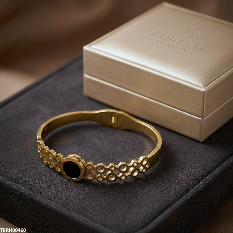 TBRH00460 MMJ Stainless Steel Round Black Stone Braclet - TBRH