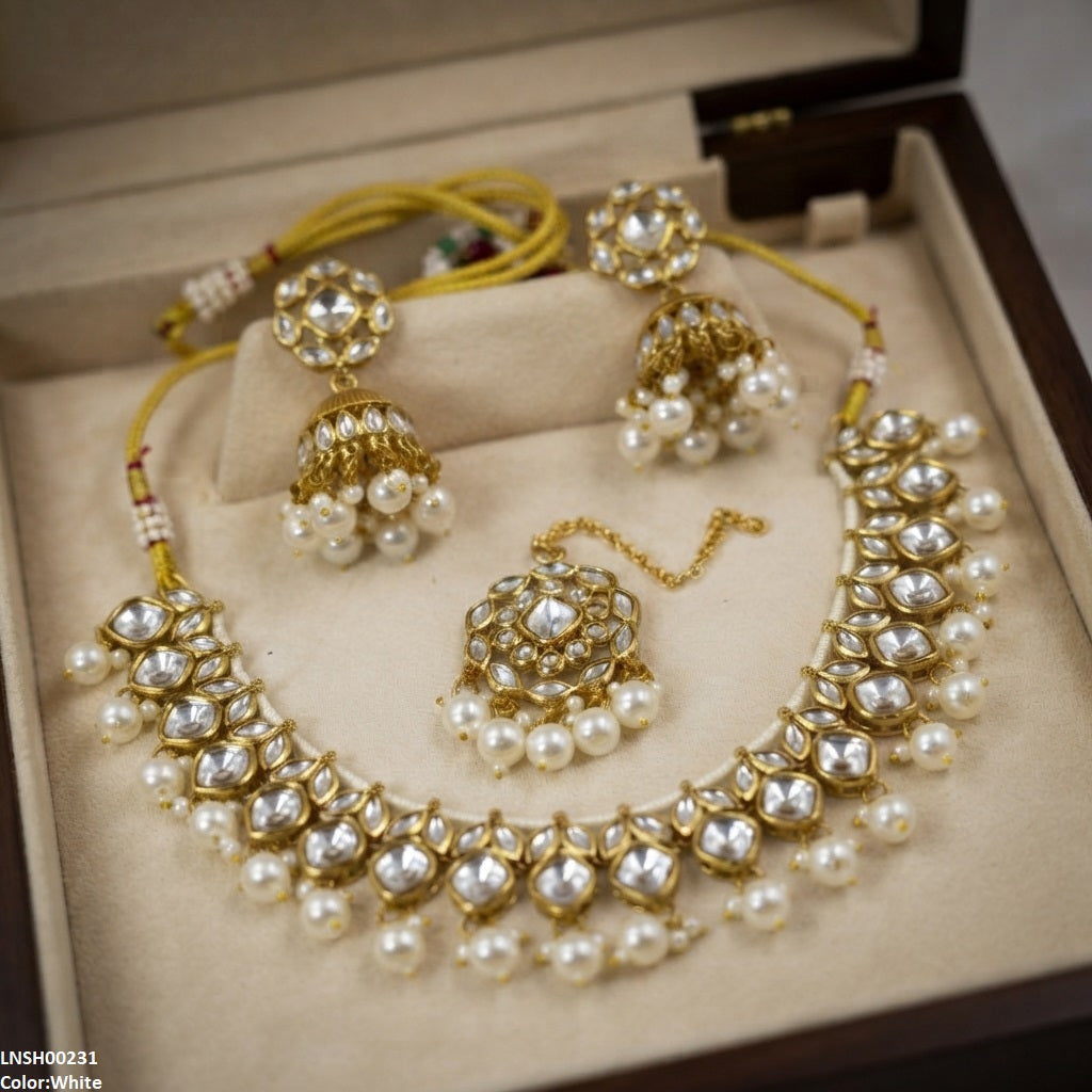 LNSH00231 ANI Marquise/Square Stone Pearl Drop Rajwari Necklace Set - LNSH