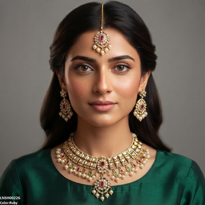 LNSH00226 ANI Flower Square Stone Pearl Drop Necklace Set - LNSH