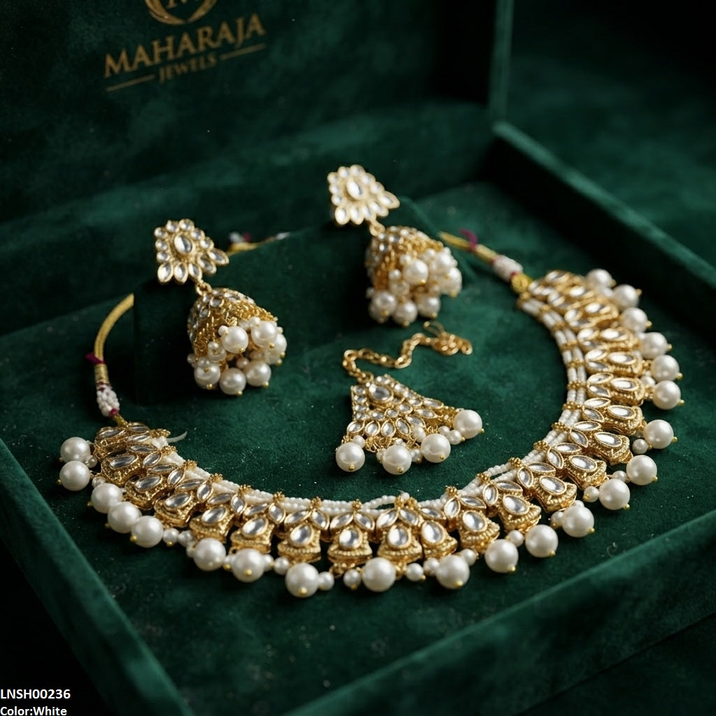 LNSH00236 ANI  Marquise Flower Pearl Drop Rajwari Necklace Set - LNSH