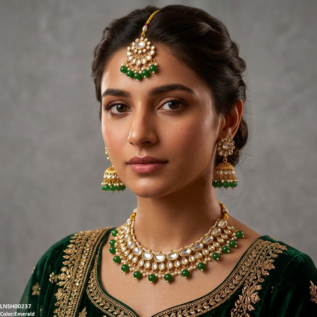 LNSH00237 ANI Oval/Tear Pearl Drop Rajwari Necklace Set - LNSH