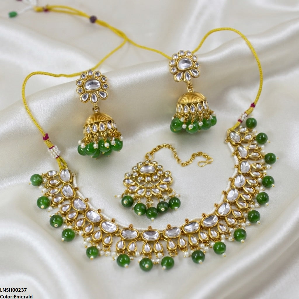 LNSH00237 ANI Oval/Tear Pearl Drop Rajwari Necklace Set - LNSH