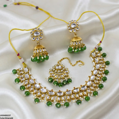 LNSH00237 ANI Oval/Tear Pearl Drop Rajwari Necklace Set - LNSH