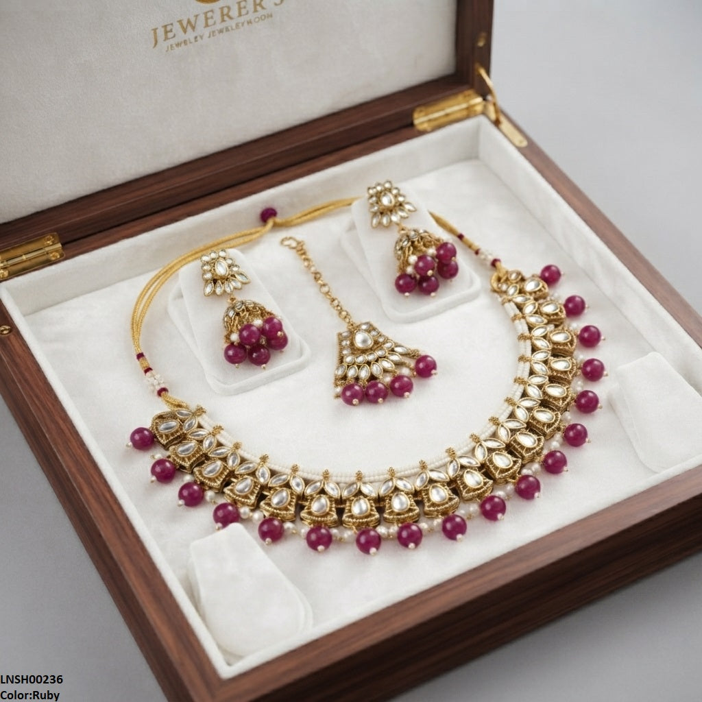 LNSH00236 ANI  Marquise Flower Pearl Drop Rajwari Necklace Set - LNSH