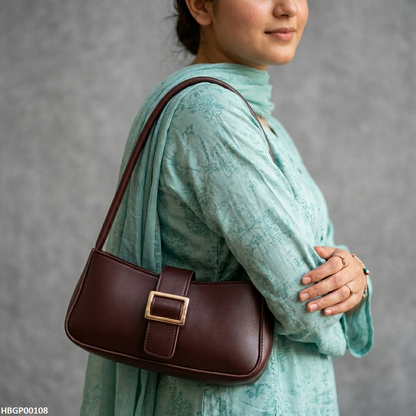 HBGP00108 Midnight Buckle Armpit Ladies Hand Bag - Dark Brown - HBGP