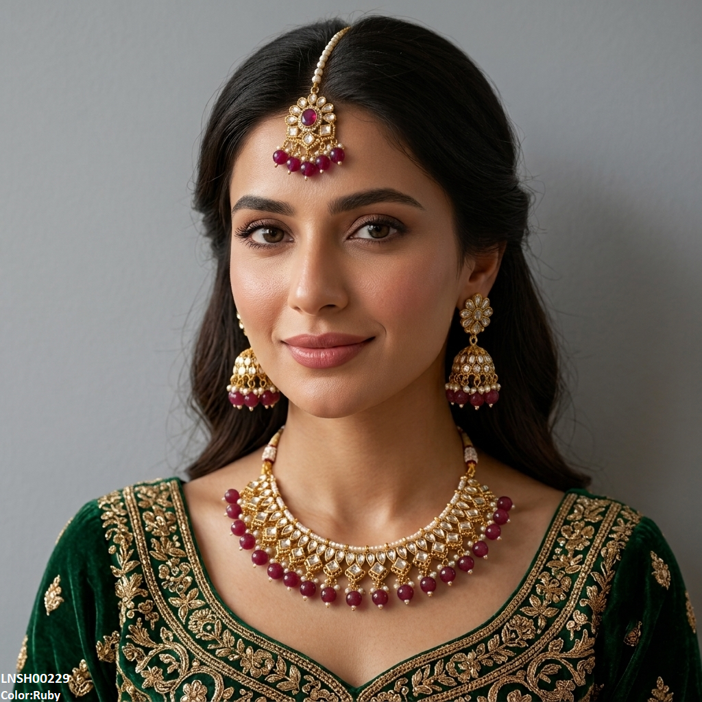 LNSH00229 ANI Tear/Square Pearl Drop Rajwari Necklace Set - LNSH
