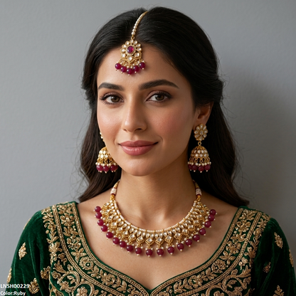 LNSH00229 ANI Tear/Square Pearl Drop Rajwari Necklace Set - LNSH