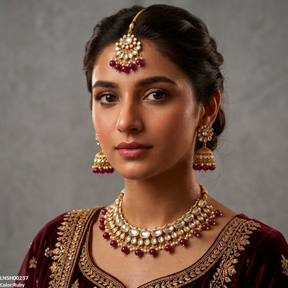 LNSH00237 ANI Oval/Tear Pearl Drop Rajwari Necklace Set - LNSH