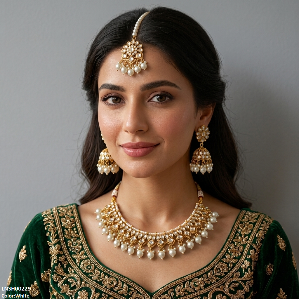 LNSH00229 ANI Tear/Square Pearl Drop Rajwari Necklace Set - LNSH