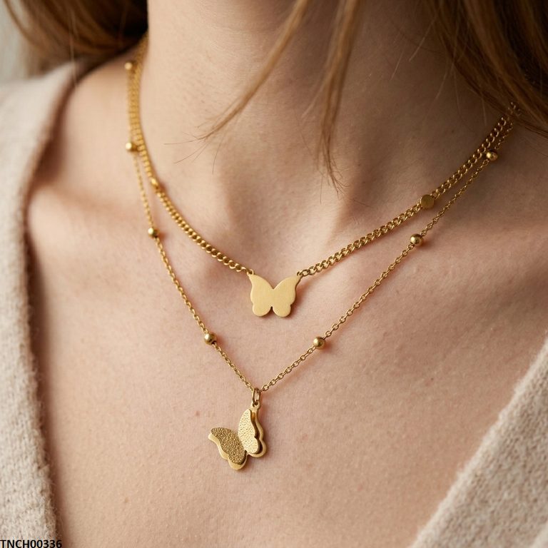 TNCH00336 MMJ Stainless Steel Double Butterfly Necklace - TNCH